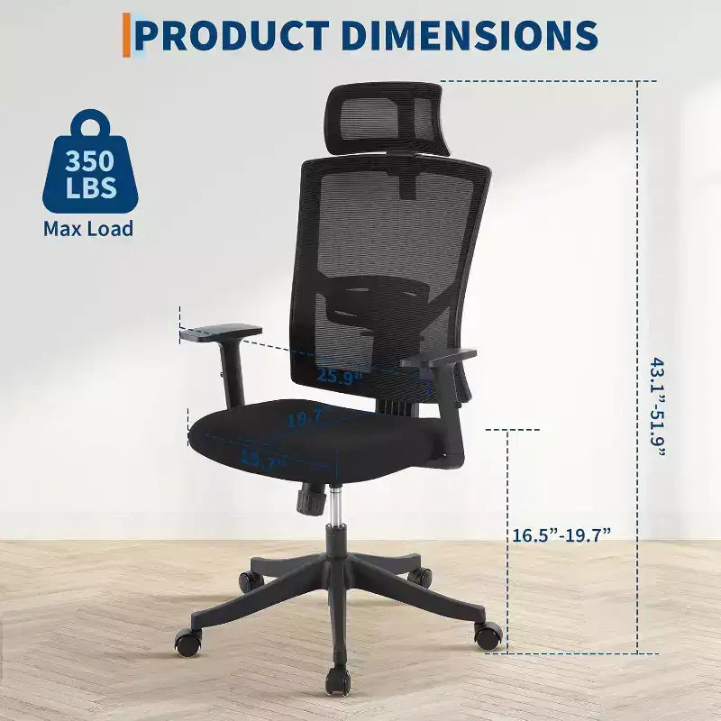 Silla de oficina ergonómica, silla de escritorio de malla ajustable con soporte lumbar, silla ejecutiva giratoria con ruedas para el hogar, la oficina y los videojuegos