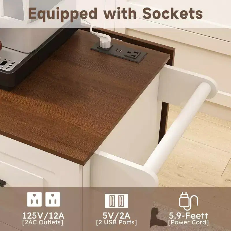 Isla de cocina móvil de 54" - Encimera plegable, tomas de corriente, puertos USB, 3 cajones, blanca