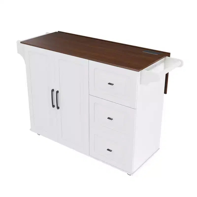 Isla de cocina móvil de 54" - Encimera plegable, tomas de corriente, puertos USB, 3 cajones, blanca