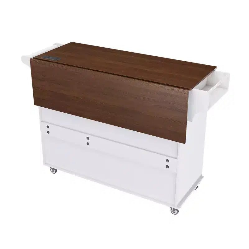 Isla de cocina móvil de 54" - Encimera plegable, tomas de corriente, puertos USB, 3 cajones, blanca
