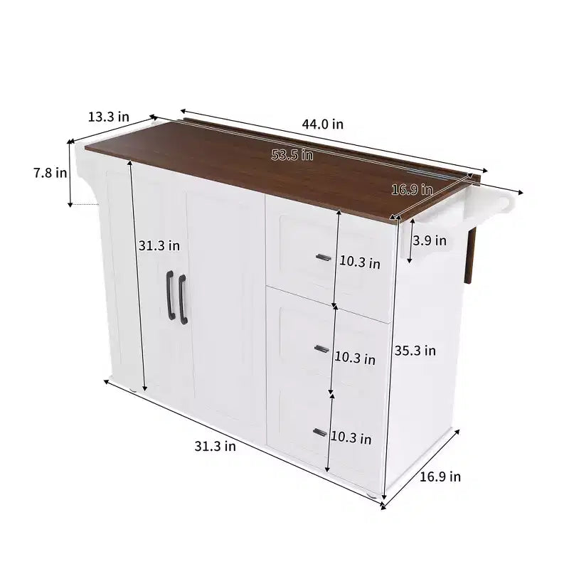 Isla de cocina móvil de 54" - Encimera plegable, tomas de corriente, puertos USB, 3 cajones, blanca