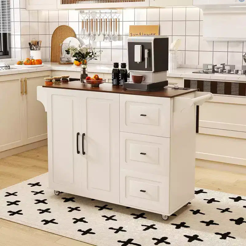 Isla de cocina móvil de 54" - Encimera plegable, tomas de corriente, puertos USB, 3 cajones, blanca