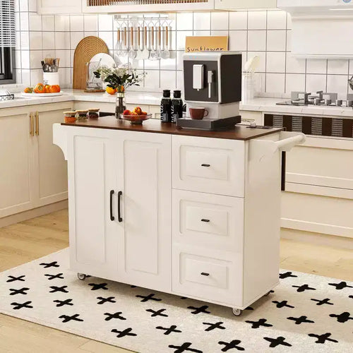 Isla de cocina móvil de 54" - Encimera plegable, tomas de corriente, puertos USB, 3 cajones, blanca