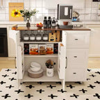 Isla de cocina móvil de 54" - Encimera plegable, tomas de corriente, puertos USB, 3 cajones, blanca