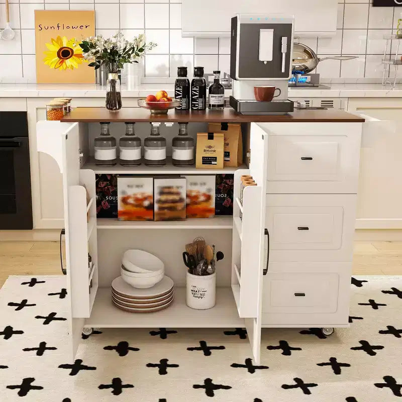Isla de cocina móvil de 54" - Encimera plegable, tomas de corriente, puertos USB, 3 cajones, blanca
