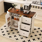 Isla de cocina móvil de 54" - Encimera plegable, tomas de corriente, puertos USB, 3 cajones, blanca