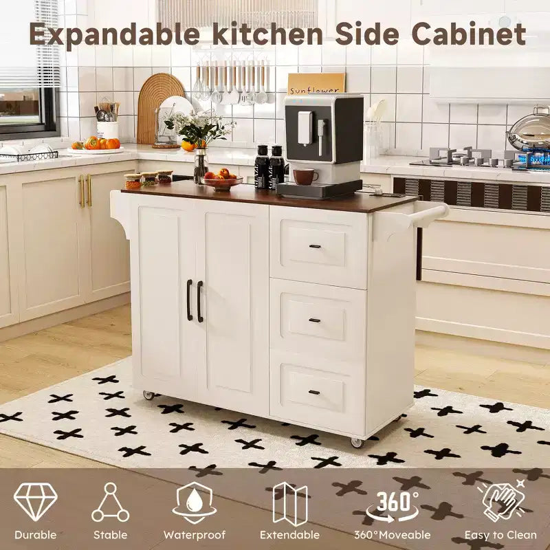 Isla de cocina móvil de 54" - Encimera plegable, tomas de corriente, puertos USB, 3 cajones, blanca