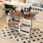 Isla de cocina móvil de 54" - Encimera plegable, tomas de corriente, puertos USB, 3 cajones, blanca
