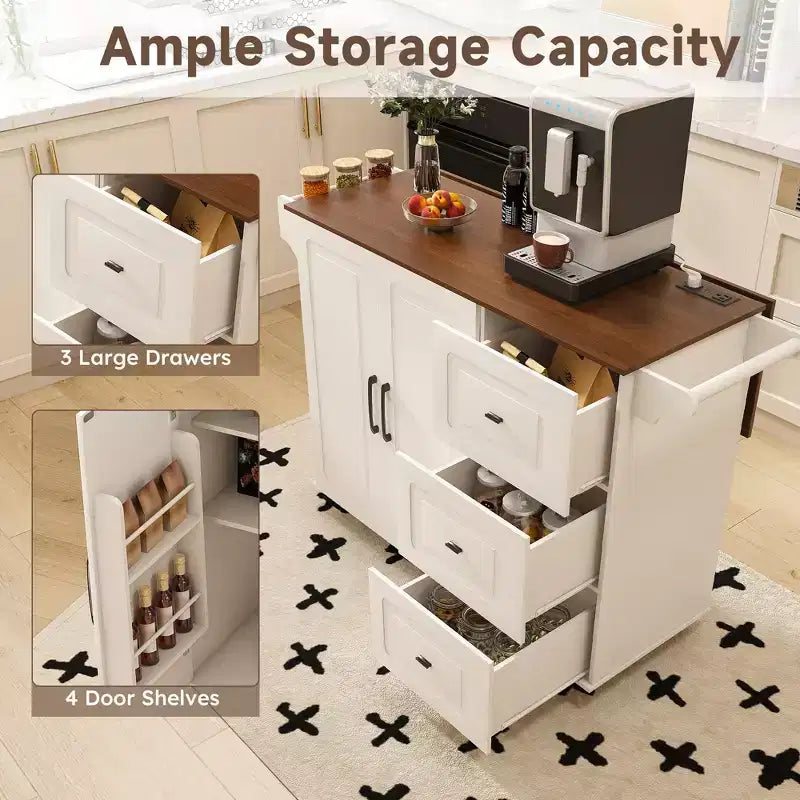 Isla de cocina móvil de 54" - Encimera plegable, tomas de corriente, puertos USB, 3 cajones, blanca