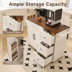 Isla de cocina móvil de 54" - Encimera plegable, tomas de corriente, puertos USB, 3 cajones, blanca