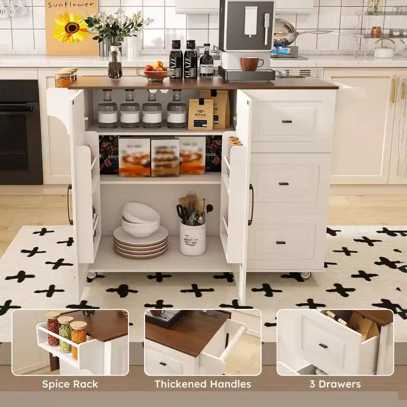 Isla de cocina móvil de 54" - Encimera plegable, tomas de corriente, puertos USB, 3 cajones, blanca