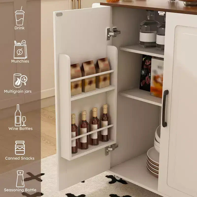 Isla de cocina móvil de 54" - Encimera plegable, tomas de corriente, puertos USB, 3 cajones, blanca