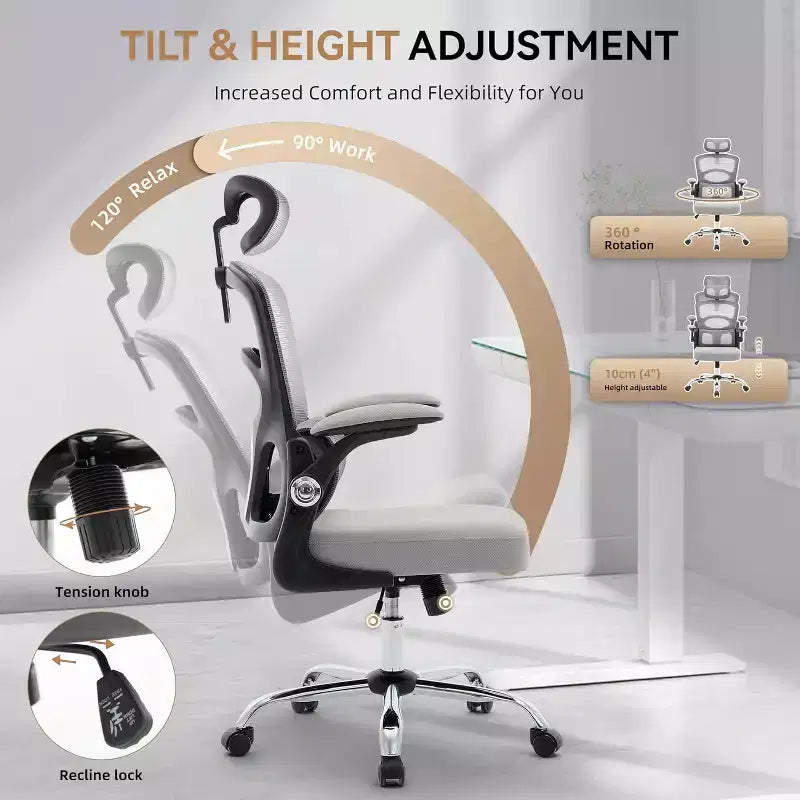 Silla de oficina ergonómica Silla de ordenador de malla de respaldo alto con reposacabezas ajustable, silla de escritorio giratoria con ruedas para oficina en casa y sala de juegos