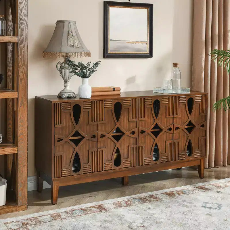 Mesa aparador, gabinete de almacenamiento tipo consola con 4 puertas y estantes ajustables, gabinete aparador para cocina o entrada.