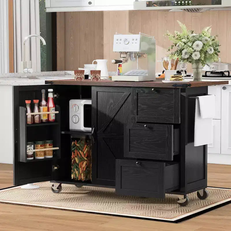 Isla de cocina, carrito rodante de 54.5 pulgadas, isla de almacenamiento con encimera desplegable, especiero, 3 cajones y 2 puertas, carrito con ruedas