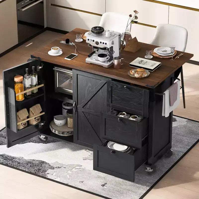 Isla de cocina, carrito rodante de 54.5 pulgadas, isla de almacenamiento con encimera desplegable, especiero, 3 cajones y 2 puertas, carrito con ruedas