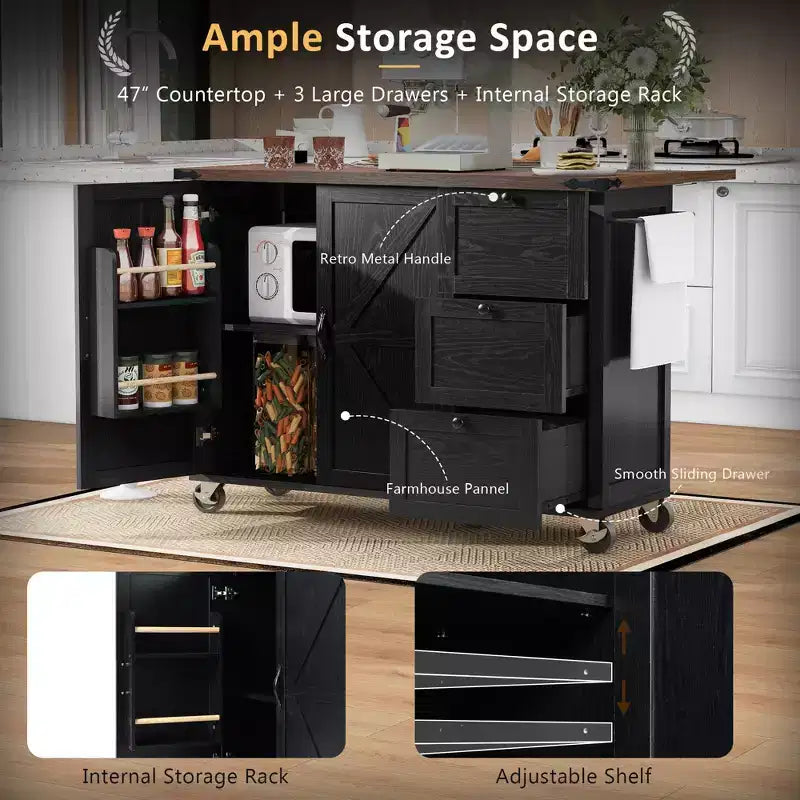 Isla de cocina, carrito rodante de 54.5 pulgadas, isla de almacenamiento con encimera desplegable, especiero, 3 cajones y 2 puertas, carrito con ruedas