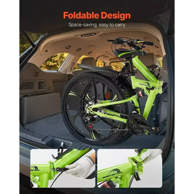 Bicicleta de montaña plegable de 26 pulgadas con suspensión total, transmisión de 21 velocidades, frenos de disco y cuadro de acero de alto carbono para hombres y mujeres adultos