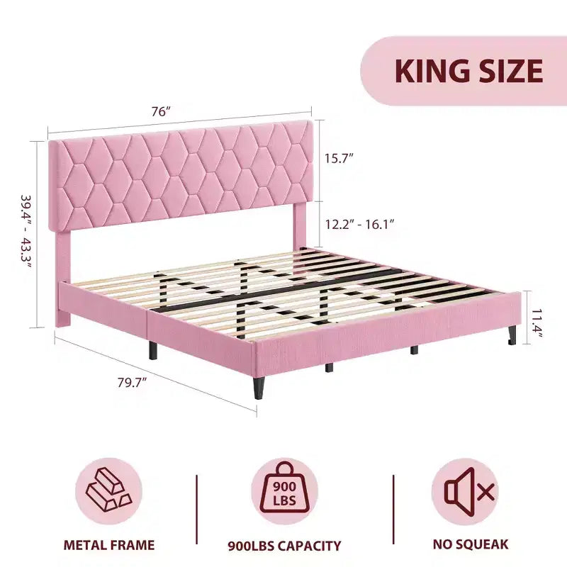 Base de cama rosa tamaño King con cabecero tapizado, base de cama de plataforma resistente con fuertes listones de madera, no necesita somier/sin ruido/fácil montaje