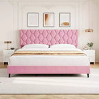 Base de cama rosa tamaño King con cabecero tapizado, base de cama de plataforma resistente con fuertes listones de madera, no necesita somier/sin ruido/fácil montaje