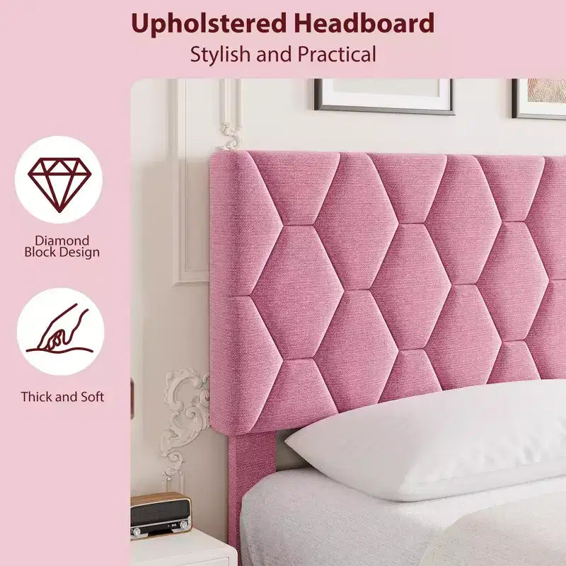 Base de cama rosa tamaño King con cabecero tapizado, base de cama de plataforma resistente con fuertes listones de madera, no necesita somier/sin ruido/fácil montaje