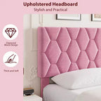 Base de cama rosa tamaño King con cabecero tapizado, base de cama de plataforma resistente con fuertes listones de madera, no necesita somier/sin ruido/fácil montaje