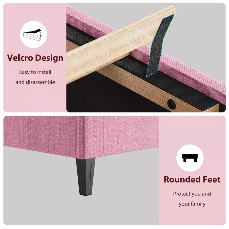 Base de cama rosa tamaño King con cabecero tapizado, base de cama de plataforma resistente con fuertes listones de madera, no necesita somier/sin ruido/fácil montaje
