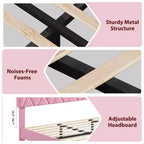 Base de cama rosa tamaño King con cabecero tapizado, base de cama de plataforma resistente con fuertes listones de madera, no necesita somier/sin ruido/fácil montaje