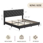 Base de cama rosa tamaño King con cabecero tapizado, base de cama de plataforma resistente con fuertes listones de madera, no necesita somier/sin ruido/fácil montaje