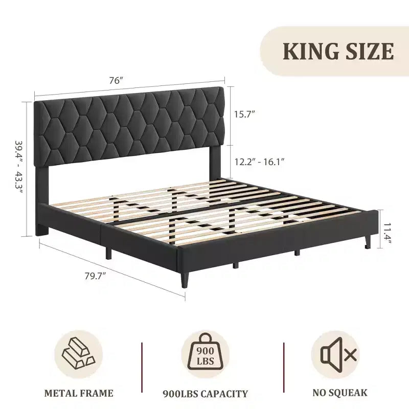 Base de cama rosa tamaño King con cabecero tapizado, base de cama de plataforma resistente con fuertes listones de madera, no necesita somier/sin ruido/fácil montaje