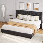 Base de cama rosa tamaño King con cabecero tapizado, base de cama de plataforma resistente con fuertes listones de madera, no necesita somier/sin ruido/fácil montaje
