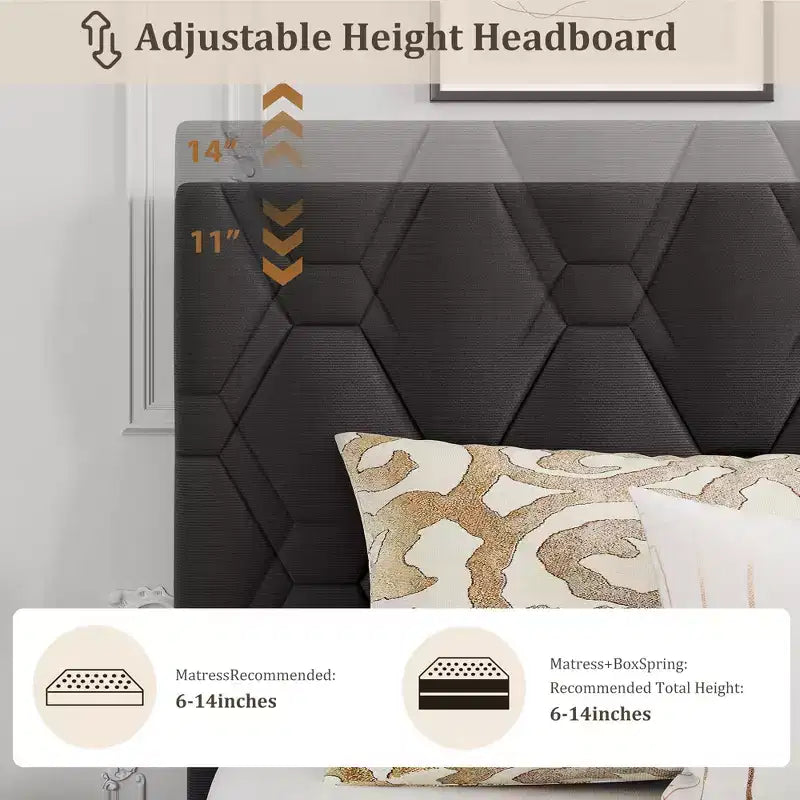 Base de cama rosa tamaño King con cabecero tapizado, base de cama de plataforma resistente con fuertes listones de madera, no necesita somier/sin ruido/fácil montaje