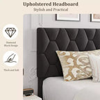 Base de cama rosa tamaño King con cabecero tapizado, base de cama de plataforma resistente con fuertes listones de madera, no necesita somier/sin ruido/fácil montaje