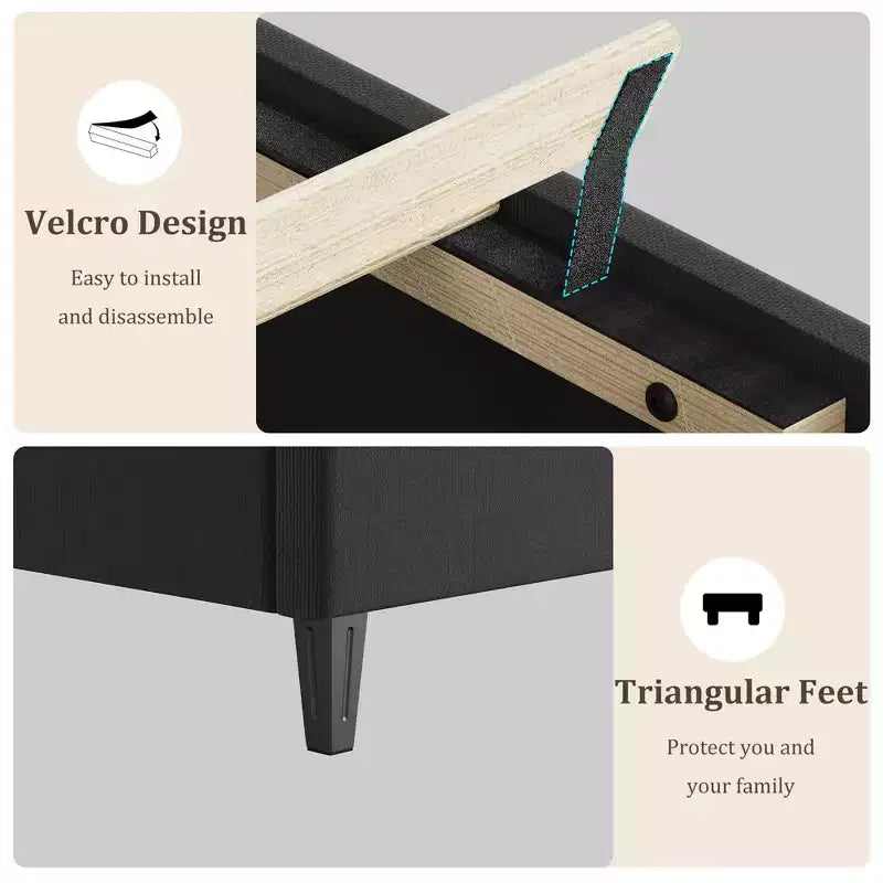 Base de cama rosa tamaño King con cabecero tapizado, base de cama de plataforma resistente con fuertes listones de madera, no necesita somier/sin ruido/fácil montaje