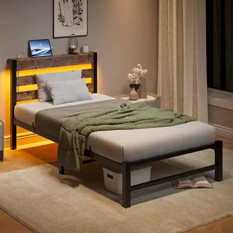 MAYEERTY Twin Size Platform Bed Frame with RGB LED Lights, USB Charging Station, Heavy Duty No Box Spring Needed
