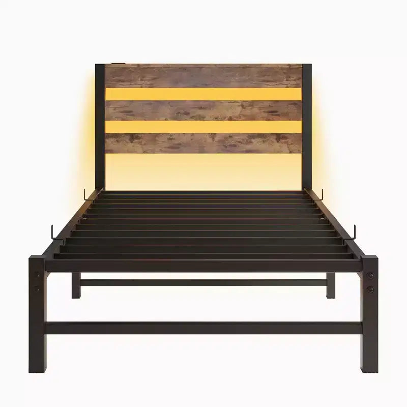 Estructura de cama individual con luces LED RGB y carga USB – No necesita somier