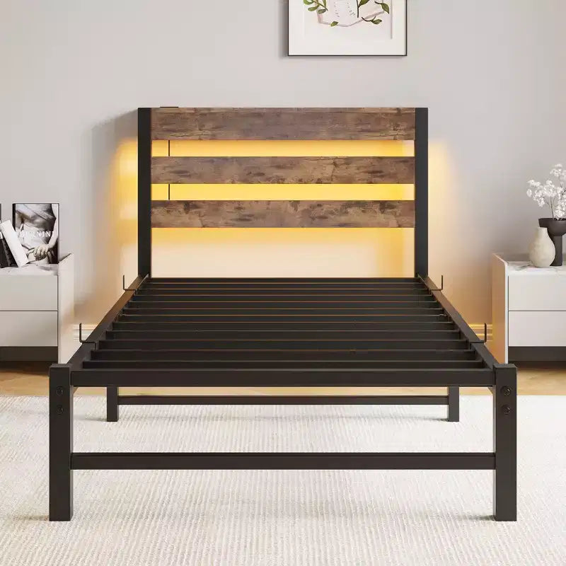 Estructura de cama individual con luces LED RGB y carga USB – No necesita somier