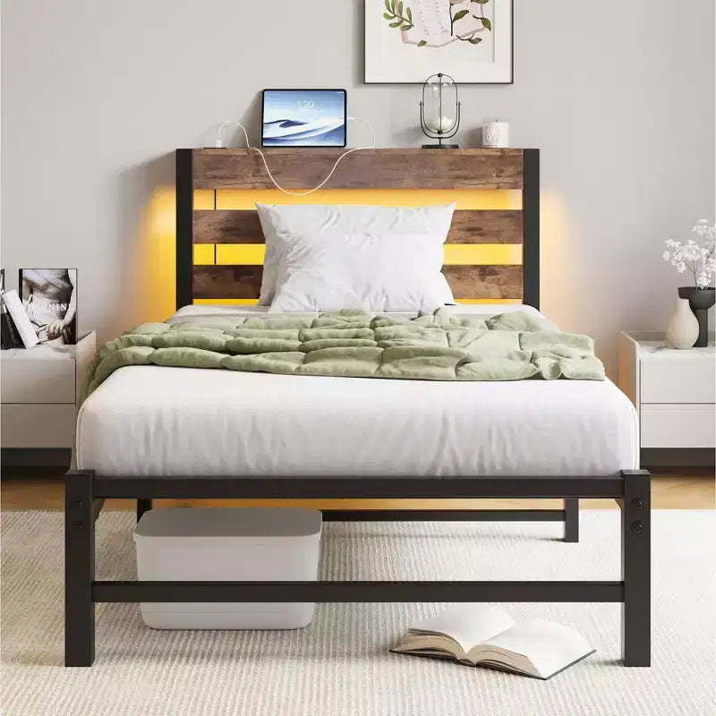 Estructura de cama individual con luces LED RGB y carga USB – No necesita somier
