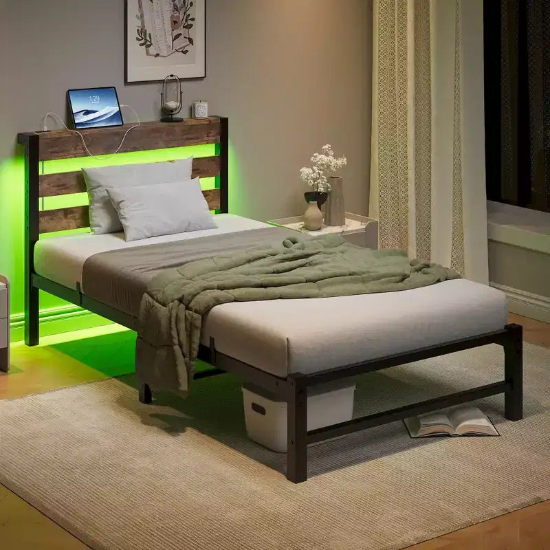 Estructura de cama individual con luces LED RGB y carga USB – No necesita somier