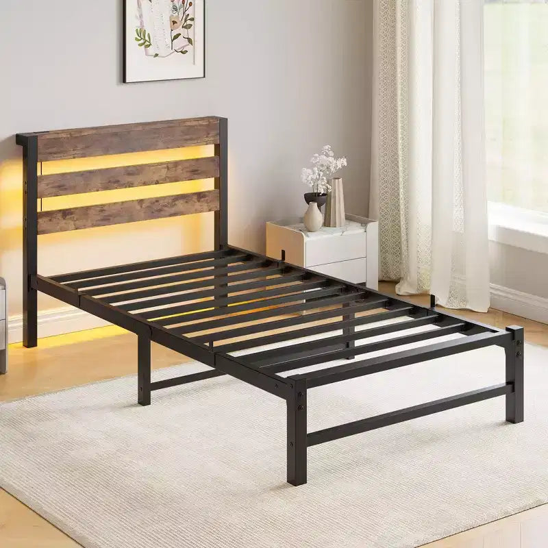 Estructura de cama individual con luces LED RGB y carga USB – No necesita somier