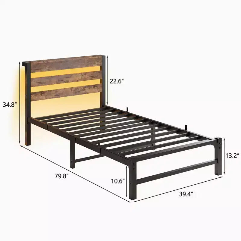 Estructura de cama individual con luces LED RGB y carga USB – No necesita somier