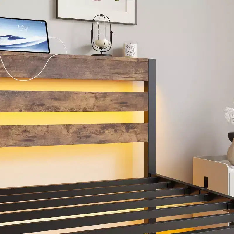 Estructura de cama individual con luces LED RGB y carga USB – No necesita somier