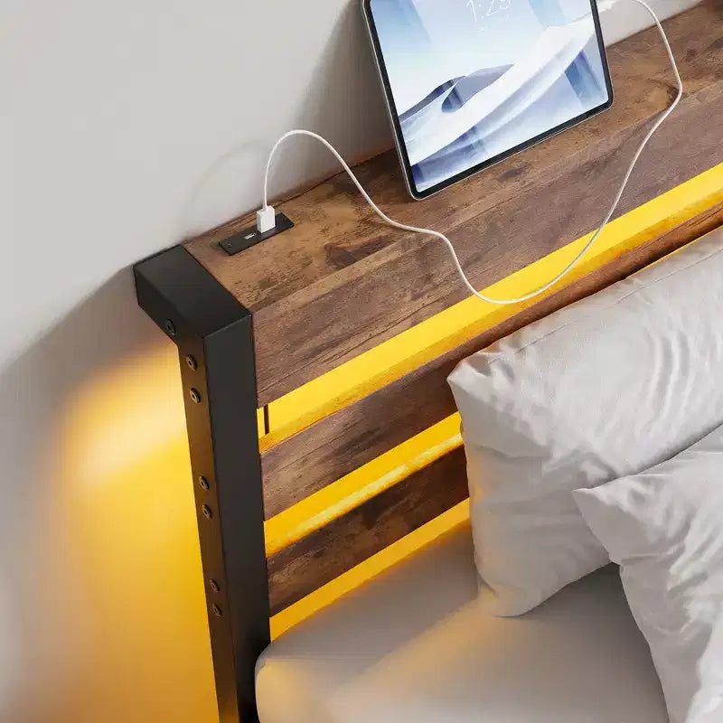 Estructura de cama individual con luces LED RGB y carga USB – No necesita somier