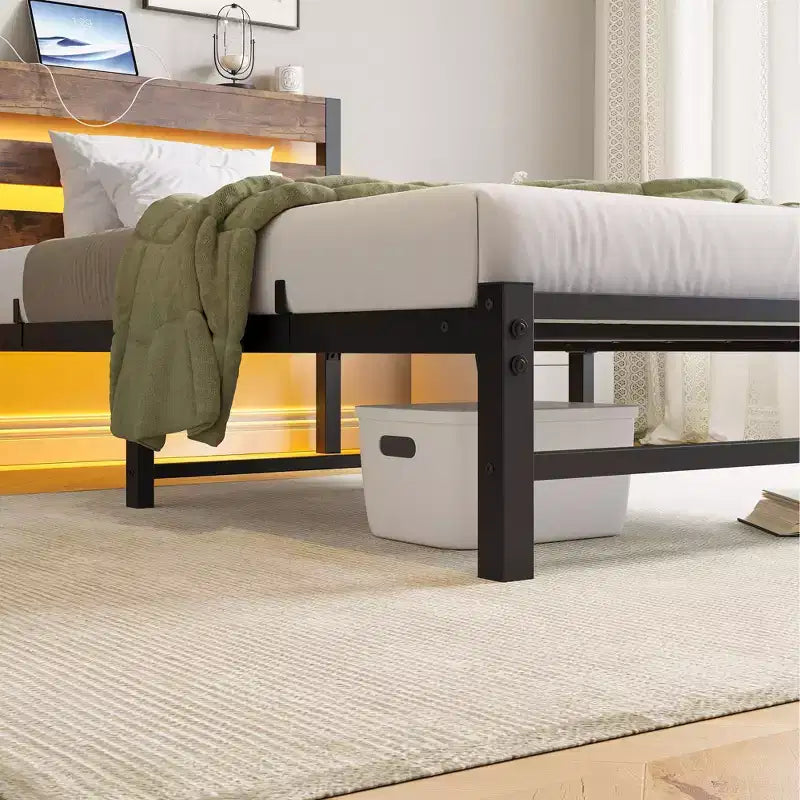 Estructura de cama individual con luces LED RGB y carga USB – No necesita somier