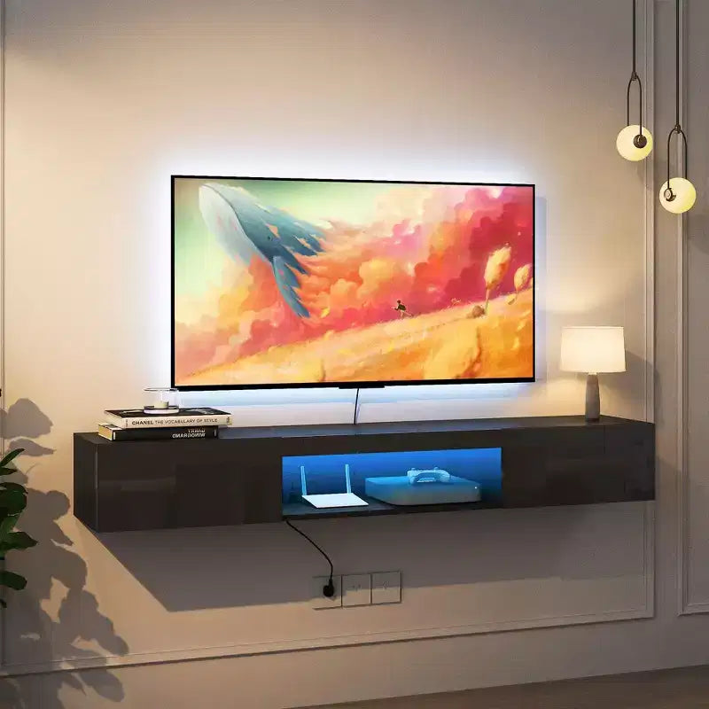 TUYOHW Mueble de TV flotante montado en la pared con luces LED para televisores de hasta 65 pulgadas, centro de entretenimiento con espacio de almacenamiento