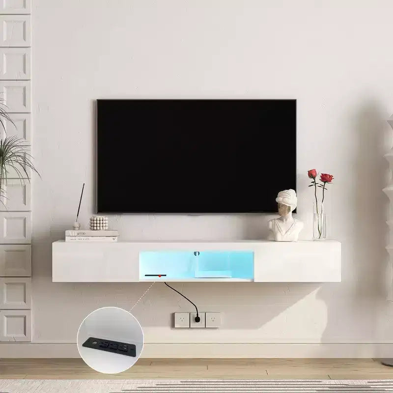 TUYOHW Mueble de TV flotante montado en la pared con luces LED para televisores de hasta 65 pulgadas, centro de entretenimiento con espacio de almacenamiento