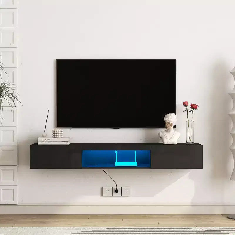 TUYOHW Mueble de TV flotante montado en la pared con luces LED para televisores de hasta 65 pulgadas, centro de entretenimiento con espacio de almacenamiento