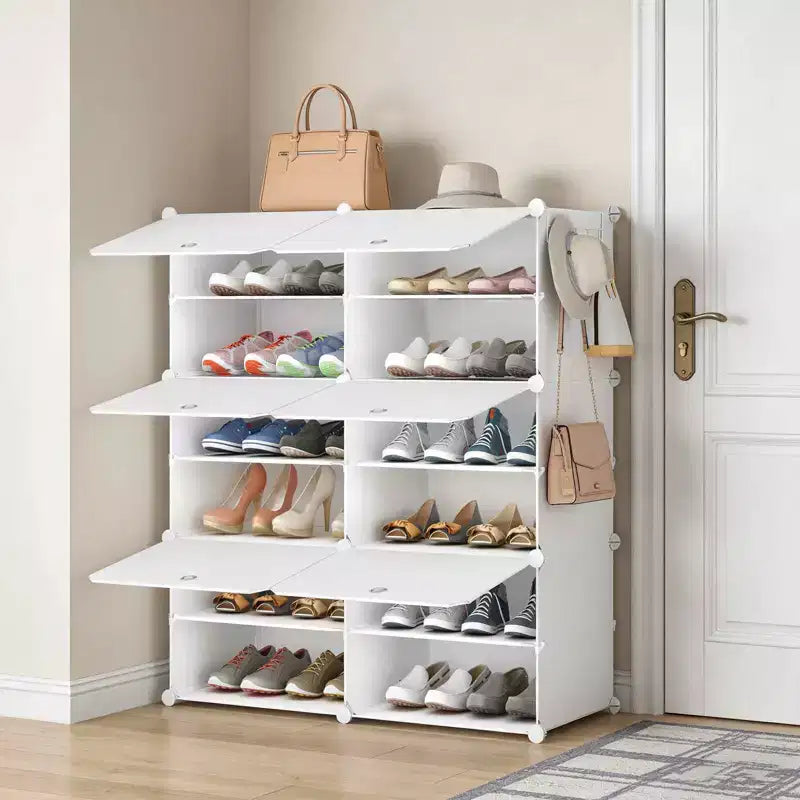 Zapatero de 6 niveles con puerta – apilable, desmontable, a prueba de polvo, MDF