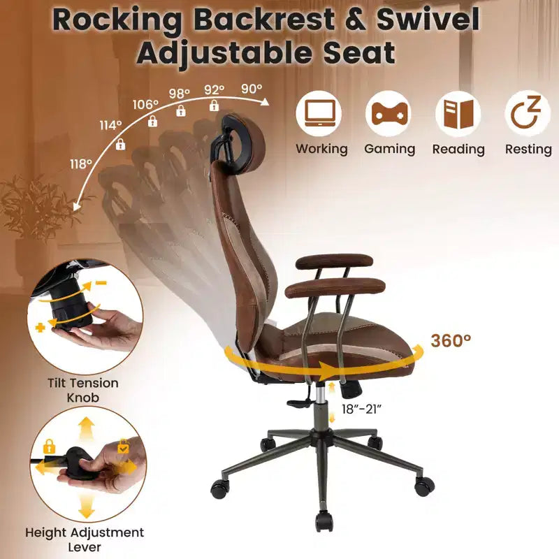 Silla de oficina ergonómica Costway con reposacabezas 2D, respaldo reclinable y ruedas, silla gaming azul/marrón y beige/gris y azul