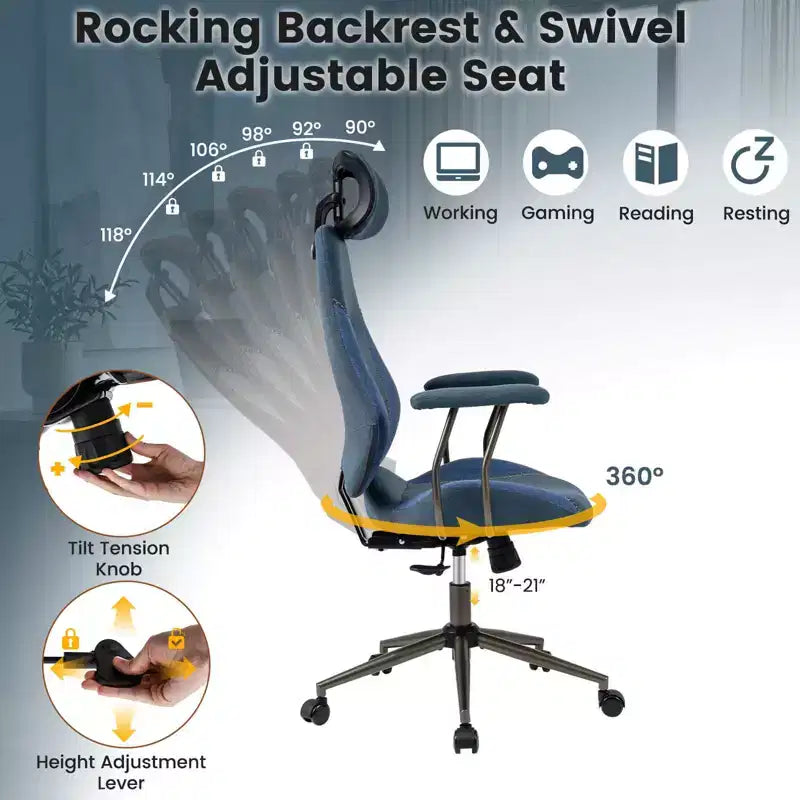Silla de oficina ergonómica Costway con reposacabezas 2D, respaldo reclinable y ruedas, silla gaming azul/marrón y beige/gris y azul